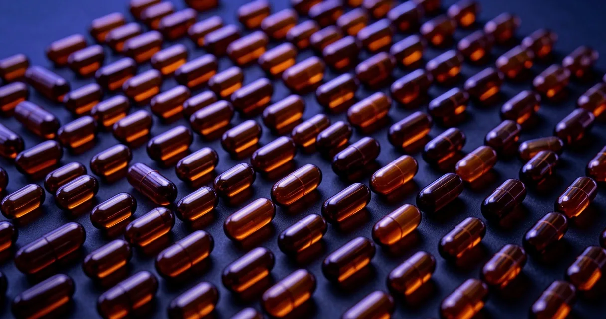 Amber supplement capsules arranged in grid