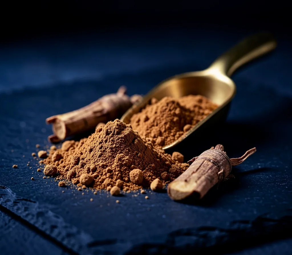 Maca root powder and ginseng root on dark surface