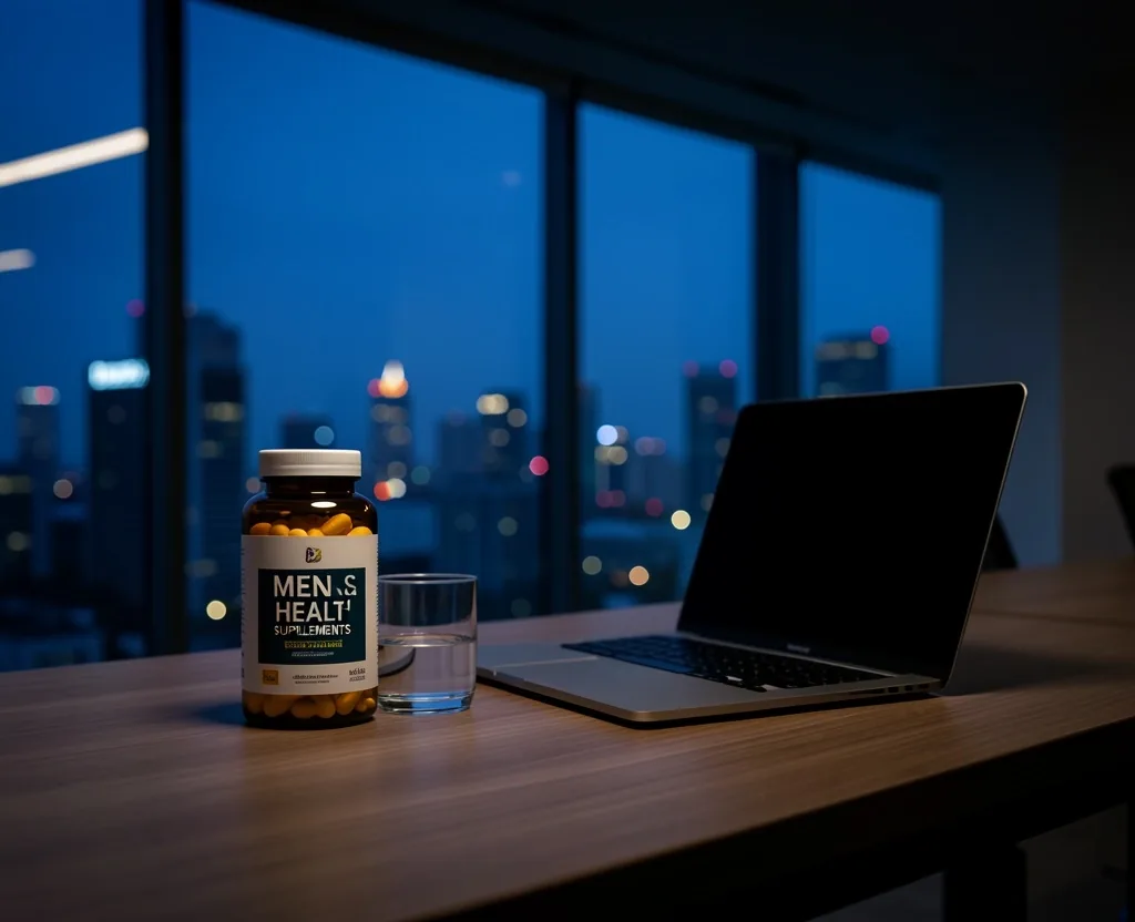 Professional desk with supplement capsules at dusk