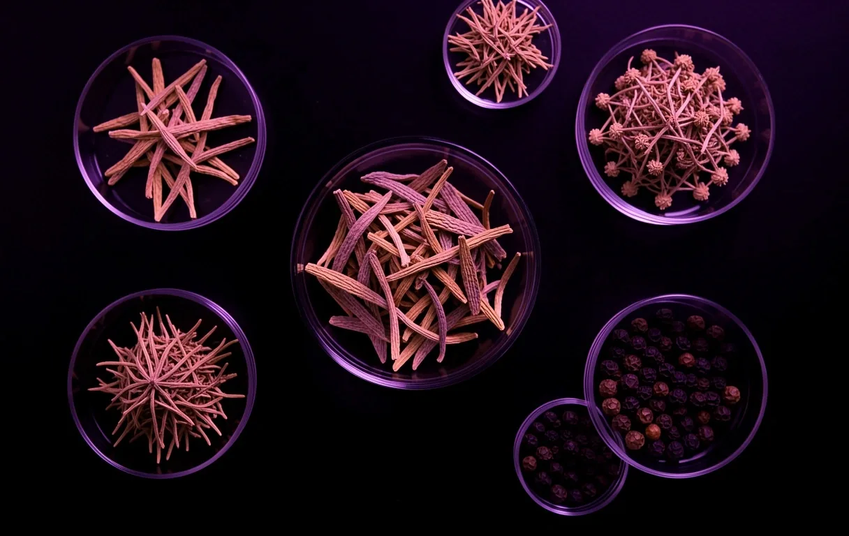 Dried botanical specimens arranged in studio lighting