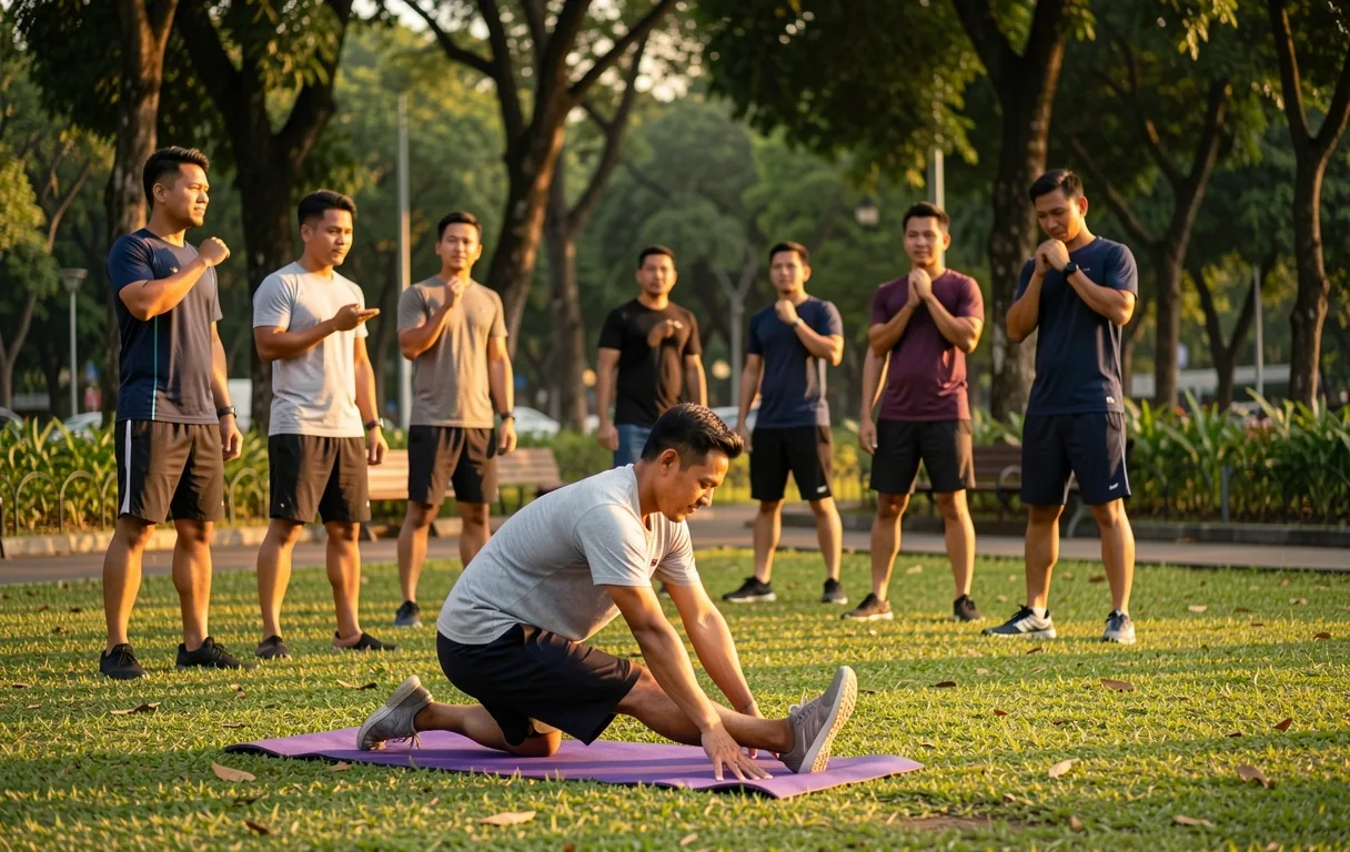 Men exercising together outdoors in Bandung