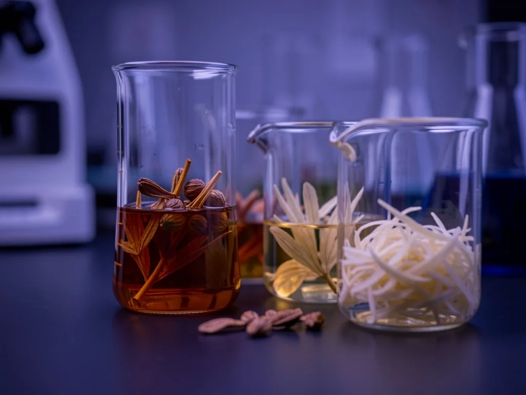 Laboratory beakers with botanical extracts on a dark surface