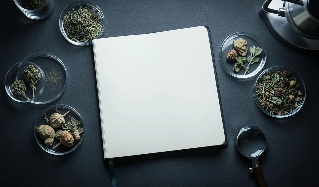 Notebook with botanical samples on a dark surface